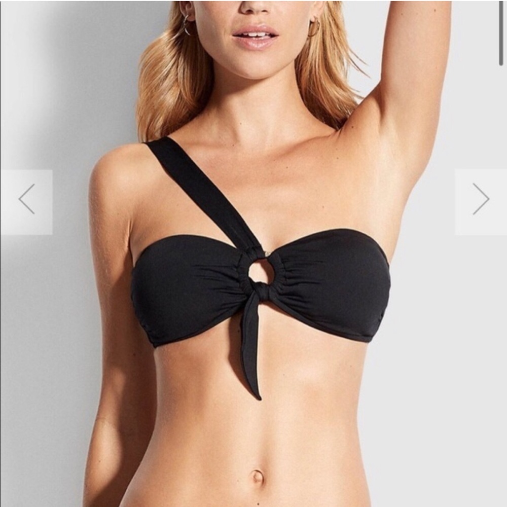 Seafolly NWOT Black One Shoulder Bandeau Bikini Top Tie Front Cutout Swimwear